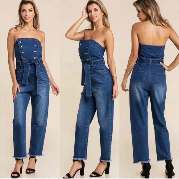 Tube Front Denim Jumpsuit - Picture 1 of 1
